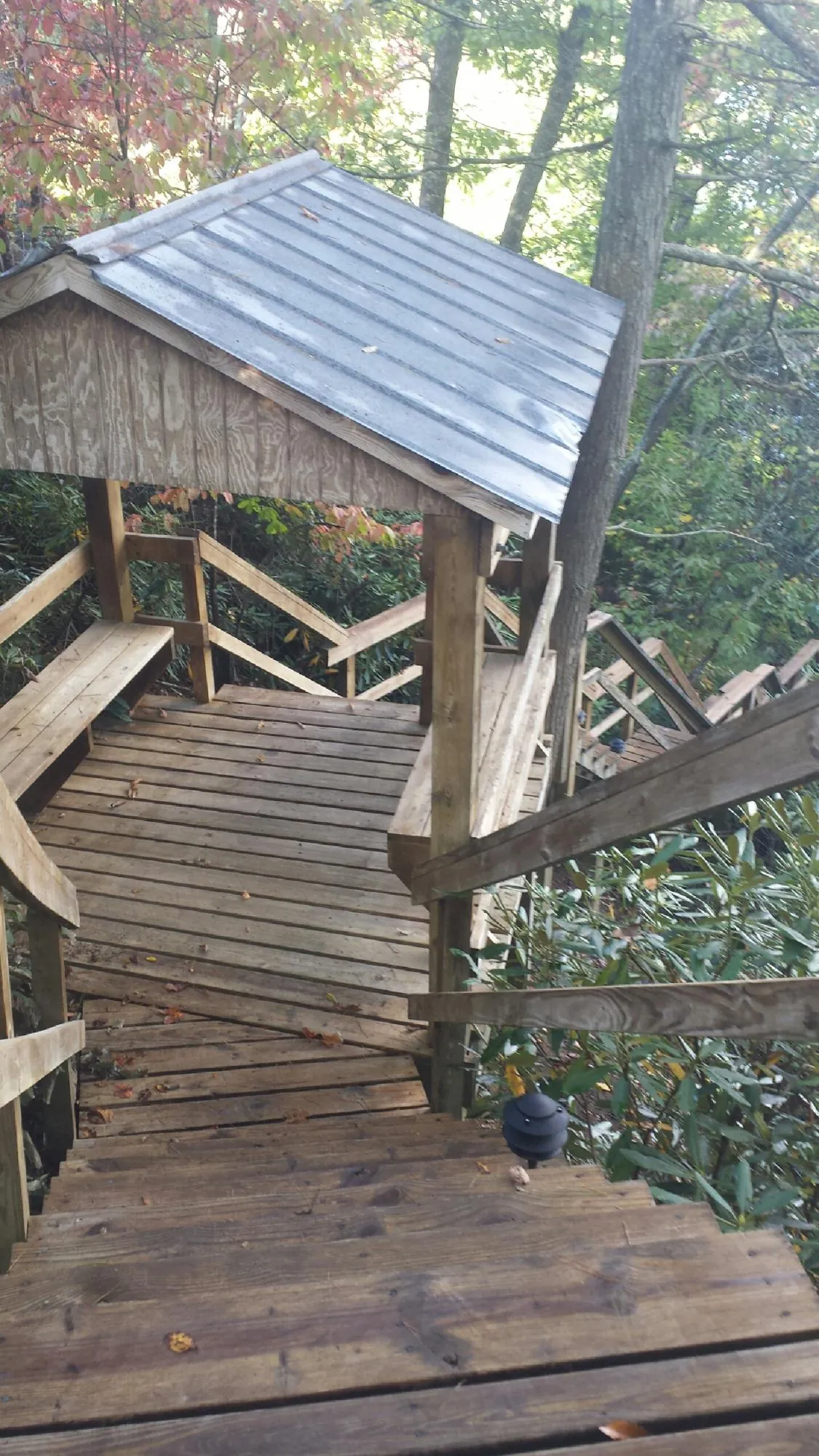 Metal roofed shelter over wooden steps on a wooded walkway — Skylight Repair & Installation work by our crew in Custar